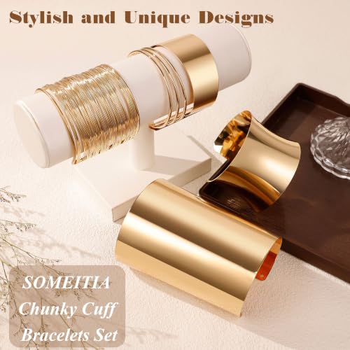 4PCS Chunky Cuff Bracelets Set for Women Hammered Chunky Bracelets Adjustable Open Wide Wire Bracelets Irregular Minimalist Coil Bangle Set Gold Silver Upper Arm Punk Jewelry - color: Gold C