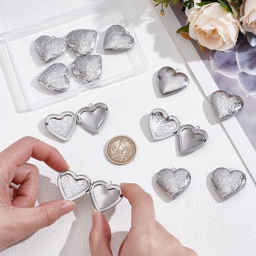 PH PandaHall 12pcs Heart Locket Charms, 316 Stainless Steel Photo Frame Charms Emboss Memory Pendant for Necklace Wedding Bouquet Pet Mother's Day Gift Decoration - style: Wave