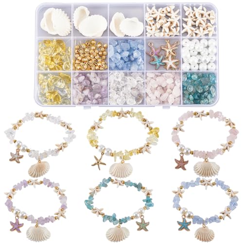 SUNNYCLUE 1 Box 6 Sets Stone Bracelet Making Kit Clam Shell Beads Ocean Beach Light Gold Enamel Starfish Sea Shell Natural Stone Chip Spacer Bead Charms for Jewelry Making Kits Women Beginner - style: Ocean 2
