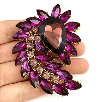 SELOVO Marquise Shape Rhinestone Red Leaf Costume Brooch Pin Jewelry Antiqued Gold Tone - color: Purple