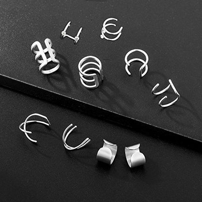 4-10 Pairs Stainless Steel Ear Cuff Helix Cartilage Clip On Wrap Earrings Fake Nose Ring Non-Piercing Adjustable - color: A0:10 Pairs, Silver
