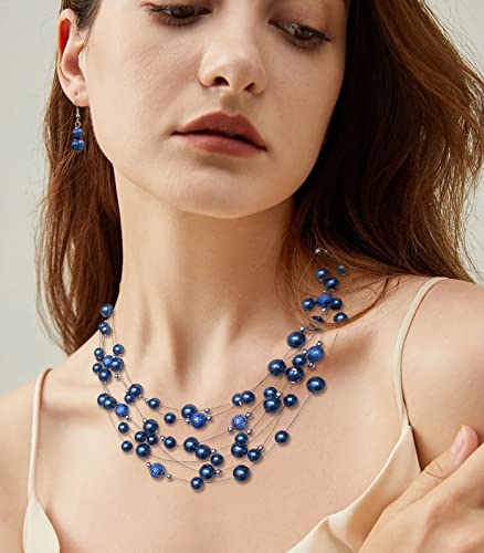 FULU AUTUMN Layered Pearl Necklace Multi-strand Pearl Choker Necklaces for Women Beaded jewelry for Wedding Parties - color: 37-Blue