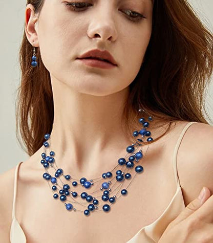 FULU AUTUMN Layered Pearl Necklace Multi-strand Pearl Choker Necklaces for Women Beaded jewelry for Wedding Parties - color: 37-Blue
