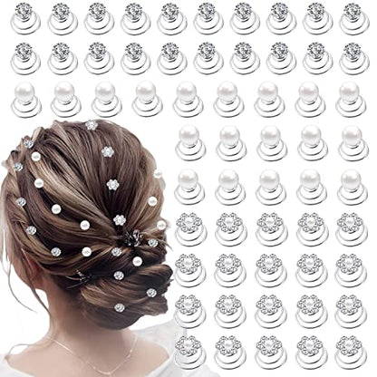 60 PCS 3 Shapes Gems Rhinestone Twister Hair Studs Set Diamond Spiral Pearl Flower Jewels Hair Pins Sticks for Wedding, Bridal, Prom, Party and Special Occasion (Diamond&Pearl&Flower) - color: Diamond&Pearl&Flower