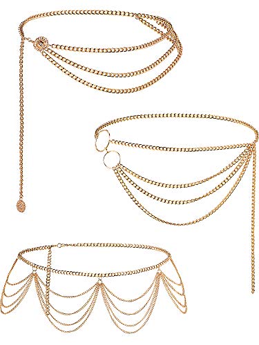 Hicarer 3 Pcs Waist Chain for Body Multi Layer Chain Belts for Women Girls Summer Beach Jewelry Halloween Adjustable - color: Gold, style: Classic Style