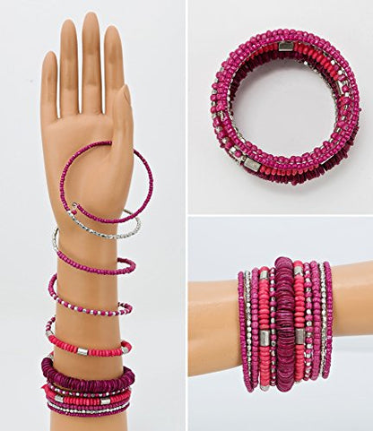 SPUNKYsoul Handmade Bohemian Multi-Color Beaded Coil Bracelet – Comfortable, Adjustable Boho Wrap Cuff That Stacks Easily and Lets You Effortlessly Elevate Any Outfit, Day or Night - style: Pink