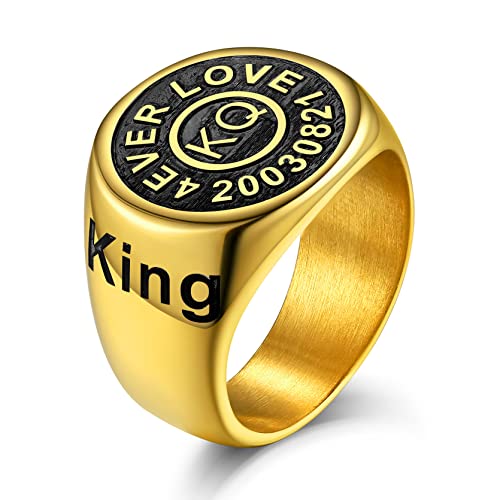 KeyStyle Stainless Steel Signet Rings Personalized for Men, Womens Custom Engraved Round Pinky Ring, Cool Ring Biker Rings Peronalised Gifts for Father Husband Mother (Size 7-13) - color: Gold & Black Surface