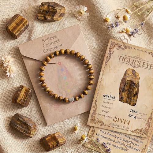Bivei Crystal Stretch 6mm Bracelets for Women | Handmade Natural Stone Beaded Stretch Bracelet, Stainless Steel Heart Bead, Tranquility Yoga Gift Jewelry for Women - color: Tiger Eye - Empowering