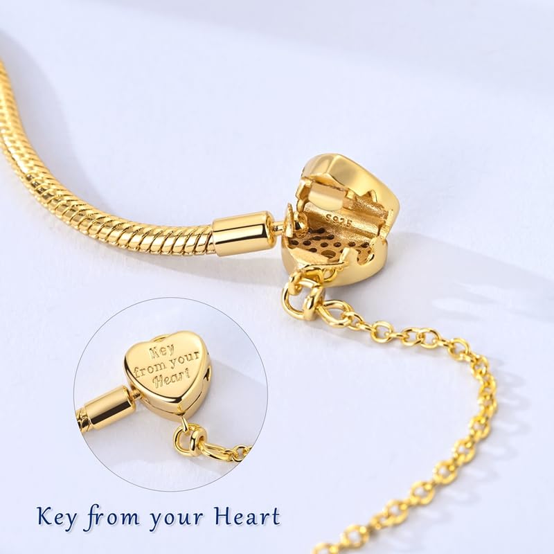Star moon Mouse Clasp Snake Chain Bracelet 925 Sterling Silver Safety Chain Charm Christmas Mother’s Day Jewelry Gifts for Women - color: Gold Heart Key and Padlock Charm Bracelet, size: 19cm