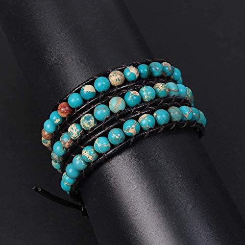 Boho Wrap Bead Bracelet for Women - Handmade Adjustable Natural Stone Beaded Bracelets Yoga Healing Bracelet Bangle Hippie Jewelry - color: Blue Emperor Stone