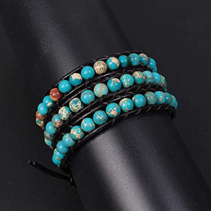 Boho Wrap Bead Bracelet for Women - Handmade Adjustable Natural Stone Beaded Bracelets Yoga Healing Bracelet Bangle Hippie Jewelry - color: Blue Emperor Stone