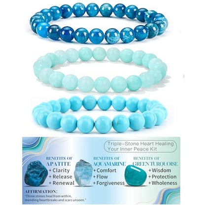 4mm 6mm 8mm Healing Crystal Bracelets for Women Men Natural Stone Beaded Stretch Bracelet Handmade Gemstone Reiki Spiritual Jewelry Gifts - color: Apatite+Aquamarine+Green Turquoise-Healing, size: 8mm
