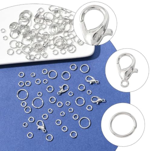 Jewelry Making Findings Kit with 5 Size Open Jump Rings, 20 Lobster Clasps | Complete Platinum Toned Jewelry Findings Kit with Packaging Box for DIY Crafts, Repair and Beading - color: Platinum