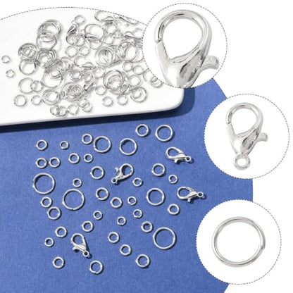 Jewelry Making Findings Kit with 5 Size Open Jump Rings, 20 Lobster Clasps | Complete Platinum Toned Jewelry Findings Kit with Packaging Box for DIY Crafts, Repair and Beading - color: Platinum
