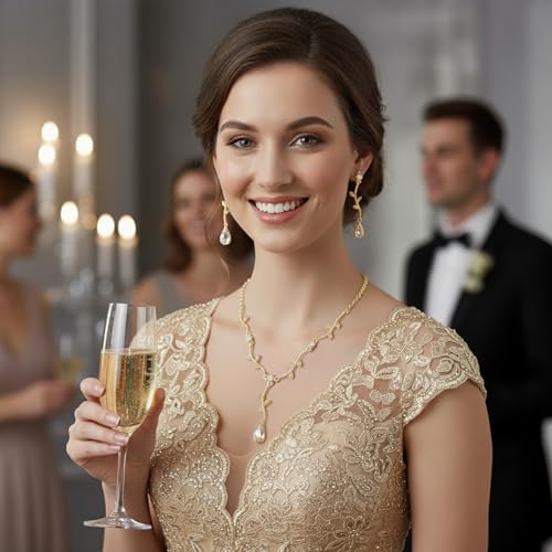 Hapibuy Crystal Bridal Wedding Jewelry Necklace Earrings Bracelet Set Rhinestone Choker Necklace For Brides Bridesmaid Women Party Acessory - color: Gold