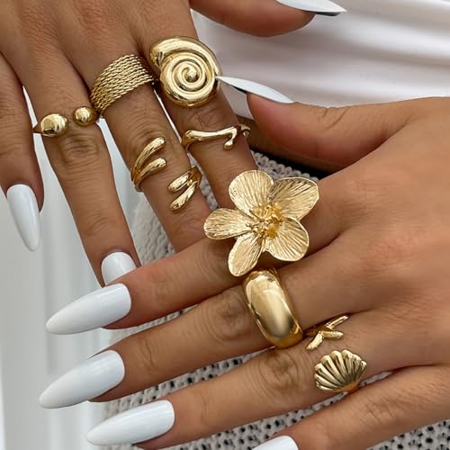Gold Rings for Women Non Tarnish Boho Stackable Adjustable Open Rings Set Finger Knuckle Stacking Ring Packs Jewelry Gift - color: Gold Chunky Starfish Rings 8Pcs