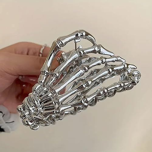 Metal Skull Hand Hair Clip, 1 piece, Silver, Punk-inspired Art, Skull Embellishment, Metal, Halloween, Hair Securing, Claw Hair Clip for Women's Hairstyle - color: Silver