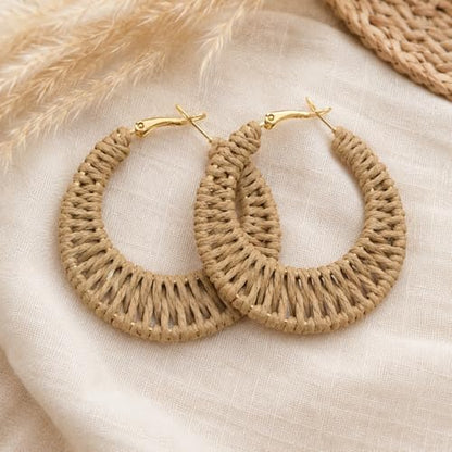 Handmade Rattan Teardrop Dangle Earrings for Women, Lightweight Boho Woven Statement Earrings with Gold Fish Hook, Natural Straw Weave Vacation Jewelry for Summer Beach - style: Open Circle Hoop