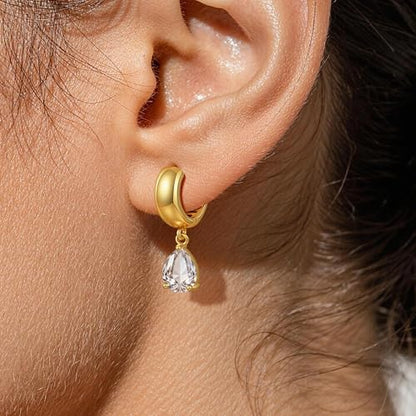 Gold Huggie Dangle Earrings for Women Chunky Hoop Huggies Cubic Zirconia Drop Earring Diamond Crystal Charm Statement Teardrop Earrings Jewelry Gifts - color: Gold-Teardrop