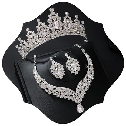 Tiaras and Crowns for Women,Tiaras Earrings Necklace, Crystal Bridal Jewelry Set - color: Silver white