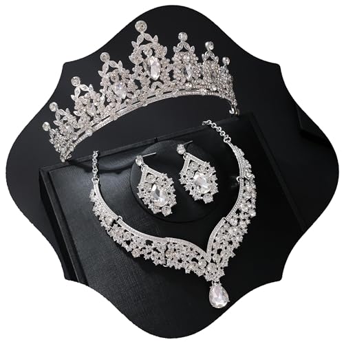 Tiaras and Crowns for Women,Tiaras Earrings Necklace, Crystal Bridal Jewelry Set - color: Silver white