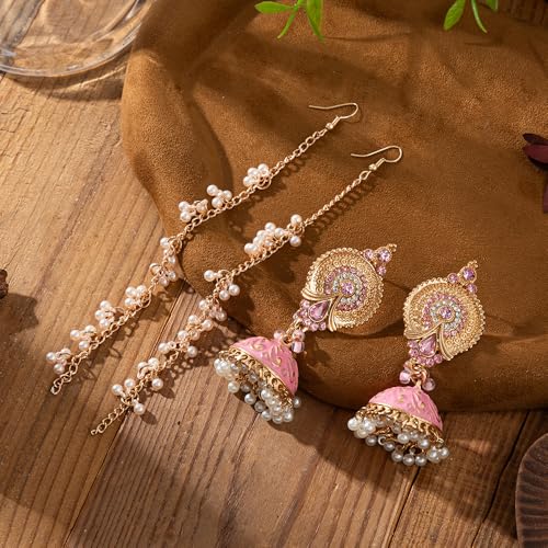 Indian Earrings for Women Vintage Bollywood Jhumka Chandelier Drop Wedding Dangle Earrings with Hair Chain Boho Ethnic Bridal Jewelry Fancy Jhumkis Diwali Karva Chauth Festival Accessories Party Wear