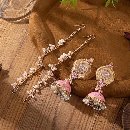 Indian Earrings for Women Vintage Bollywood Jhumka Chandelier Drop Wedding Dangle Earrings with Hair Chain Boho Ethnic Bridal Jewelry Fancy Jhumkis Diwali Karva Chauth Festival Accessories Party Wear