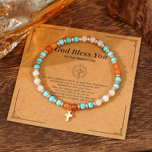 Christian Colorful Natural Gemstones Stone Seed Beaded Bracelets for women Men, Handmade Gold Cross Healing Crystal Jewelry, Lucky Amulet Faith Daily Party Friendship Holiday Gift - color: Blue Celestite