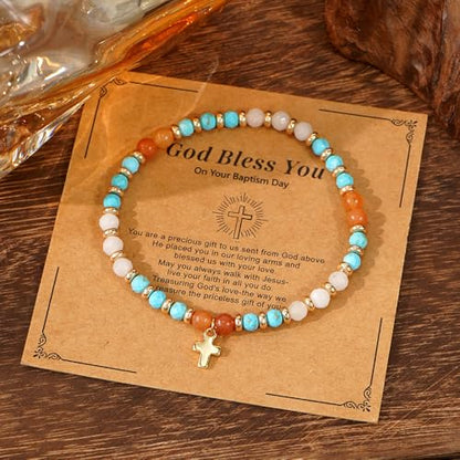 Christian Colorful Natural Gemstones Stone Seed Beaded Bracelets for women Men, Handmade Gold Cross Healing Crystal Jewelry, Lucky Amulet Faith Daily Party Friendship Holiday Gift - color: Blue Celestite