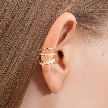 Gold Ear Cuffs Earrings for Women Non Piercing Clip on Cartilage Earrings | Trendy Gold Ear Cuff,Cartilage Clip on Earrings,Thin Huggie Hoop CZ Earring Set ,Fashion Jewelry,Non Tarnish,Gift - style: 2pc double cz-gd