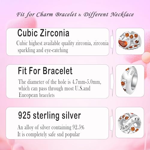 MICOO 925 Sterling Silver Jan-Dec Birthstone Charms For Bracelets and Necklaces, Original DIY Bead Charms With Cubic Zirconias Jewelry Birthday Gifts For Women. - color: 1-Jan Birthstone charm