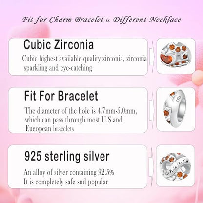 MICOO 925 Sterling Silver Jan-Dec Birthstone Charms For Bracelets and Necklaces, Original DIY Bead Charms With Cubic Zirconias Jewelry Birthday Gifts For Women. - color: 1-Jan Birthstone charm