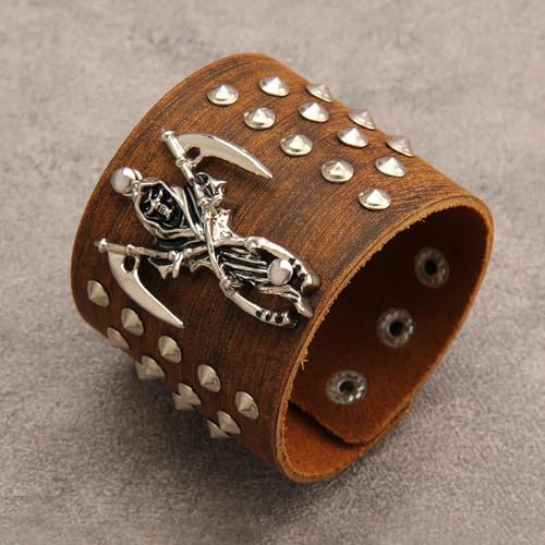 JAOYU Punk Leather Cuff Bracelet Goth Leather Wristband Rock Bracelet Biker Bracelet for Men Leather Armband Black Handmade Jewelry - color: Death Skull Bracelet Brown