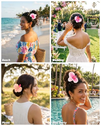 WELROG 3-Pcs Metal Hawaiian Orchid Hair Pins, Non-Slip Stick for Beach Updo | Tropical Flower Vibes,Weddings and Vacations - color: Pink1+Pink2+Orange