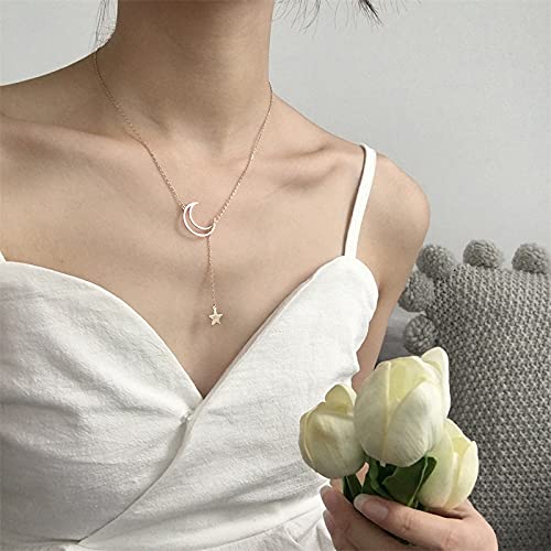 Long Moon and Star Neclace for Women 14K Gold Plated Crescent Moon Star Pendant Choker Lariat Necklaces for Womens Girls - color: gold