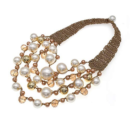 utop JNF Hand made Pearl Statement Necklace for Women Rhinestone Multilayer Crystal Necklaces Chunky Pearl Necklace Large Pearl Necklace and Earrings Set for Mother Mom's gift - color: champagne pearl necklace 5layers