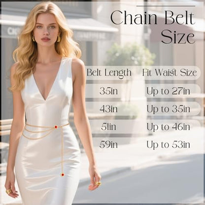 Chain Belt for Women Fashion Multilayer Metal Waist Chain Dress Belt Adjustable - size: Fit Waist Up to 46'', style: Gold-B