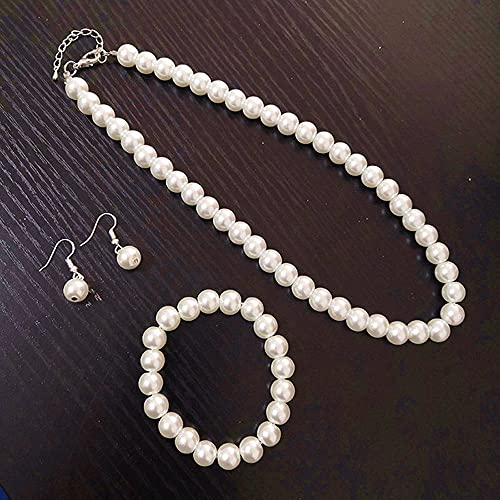 tenghong2021 Fashion Classic Faux Pearl Jewelry Set Necklace Bracelet Earrings for Women Best Gift - color: Beige