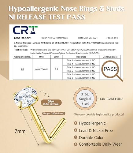 MILACOLATO 14K Gold Filled Nose Ring Studs 20G Nose Ring Hoops Hypoallergenic 316L Surgical Stainless Steel Nose Rings L Shaped CZ Nose Nostril Piercing Jewelry for Women Men 10Pcs - color: 14K GF