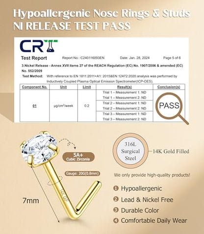 MILACOLATO 14K Gold Filled Nose Ring Studs 20G Nose Ring Hoops Hypoallergenic 316L Surgical Stainless Steel Nose Rings L Shaped CZ Nose Nostril Piercing Jewelry for Women Men 10Pcs - color: 14K GF