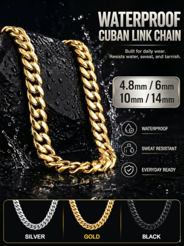 ChainsPro Stainless Steel Mens Cuban Link Chains, Hip Hop Miami Necklace | Daily Wear Jewelry with Gift Box, Silver/Gold Plated/Black, Sweatproof & Waterproof, Hypoallergenic Men Chains, No Tarnish - color: Gold
