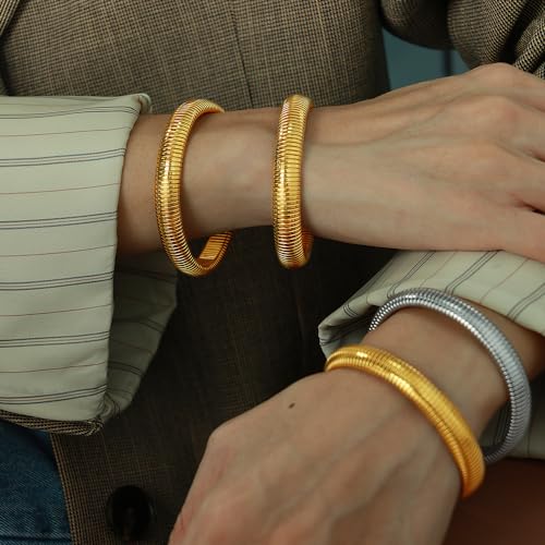 Gold Chunky Stretch Snake Chain Bangle Bracelets Stack for Women Trendy, 18K Gold Filled Stainless Steel Stretchy Womens Stackable Wristband Bangles Bracelet Set - style: 3PCS SILVER 10MM EACH