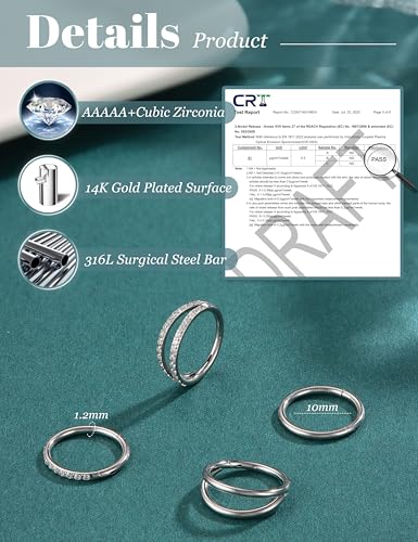 Dochais 4PCS 18G Nose Rings Hoops, Surgical Steel Earrings Tragus Septum Piercing CZ Clicker Ring, Hinged Segment Conch Lip Cartilage Double Hoops 8mm 10mm for Women Men - color: Silver, size: 16G(1.2mm),10mm