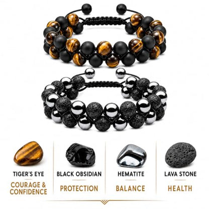 WFJ Black Obsidian Hematite Triple Protection Bracelets Set - Tiger Eye Beaded Natural Stone Bracelet for Men Women Gemstone (10MM) - color: Adjustable Double Set of 2