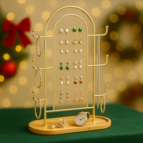 bussdis Jewelry Holder Organizer Earring Display - Earring Storage Tree Stands Towers With 6 Hooks 300 Studs Wood Tray Gold Metal Rack - color: Gold