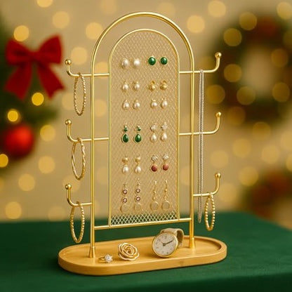 bussdis Jewelry Holder Organizer Earring Display - Earring Storage Tree Stands Towers With 6 Hooks 300 Studs Wood Tray Gold Metal Rack - color: Gold