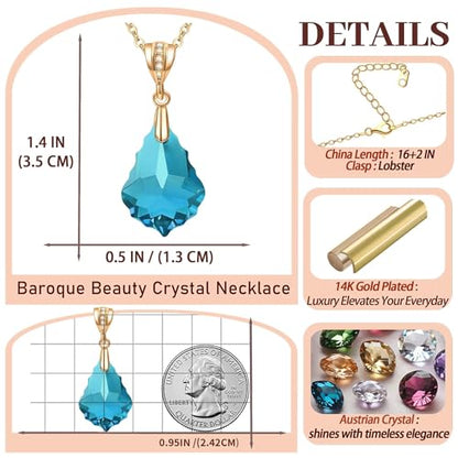 EVEVIC Teardrop Austrian Crystal Charm Pendant Necklace for Women | 14K Gold Plated,Adjustable Chain Fit,Elegant Teardrop Crystal,Gift Box Included,Perfect for Daily Wear and Special Events - color: Aquamarine