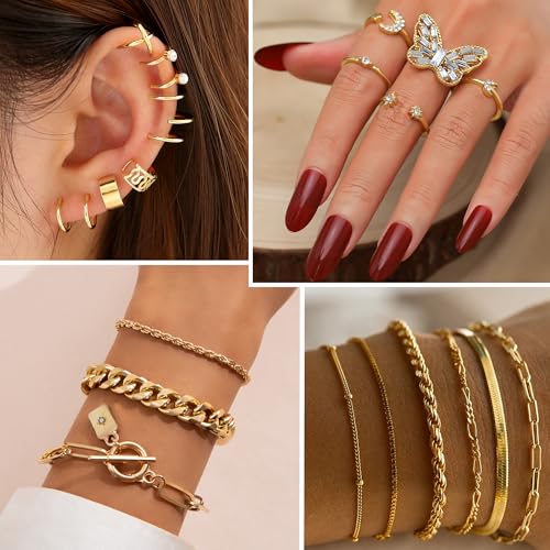 MEDOJO 93 Pcs Golden Jewelry Set for Women Costume Jewelry Pack Golden Plated Necklace Bracelet Stackable Ring Earrings Jewelry for Christmas New Year