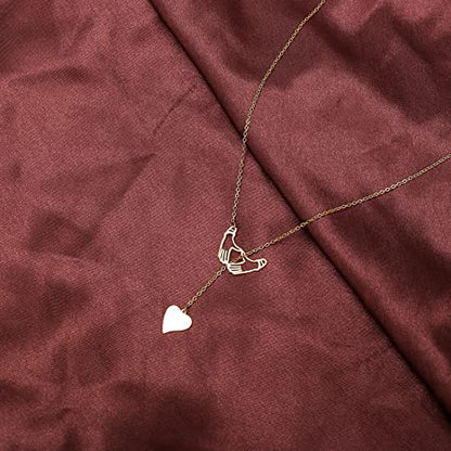 18K Gold Plated Stainless Steel Bee Honeycomb Pendant Necklace, Adjustable Y Lariat Conch/Guitar/Horseshoe Necklace for Women - color: Gold, style: Hand in Hand Heart