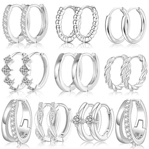 Nunpag 9 Pairs 14K Gold Plated Chunky Huggie Hoop Earrings Set for Women Hypoallergenic Stainless Steel Lightweight Small Earring Stacks for Multiple Piercings Non Tarnish Jewelry Gift Twisted 8-12mm - color: 9Pairs-Silver